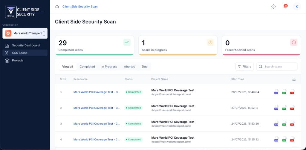 TRIBAL CSS Scan page listing organisation-wide scans with status filters