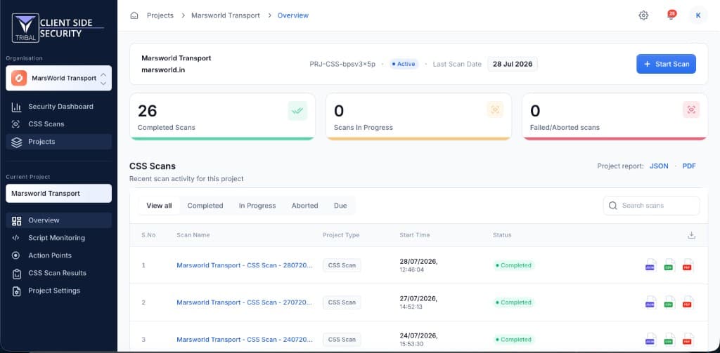 TRIBAL CSS project overview with scan history, status cards, and Start Scan