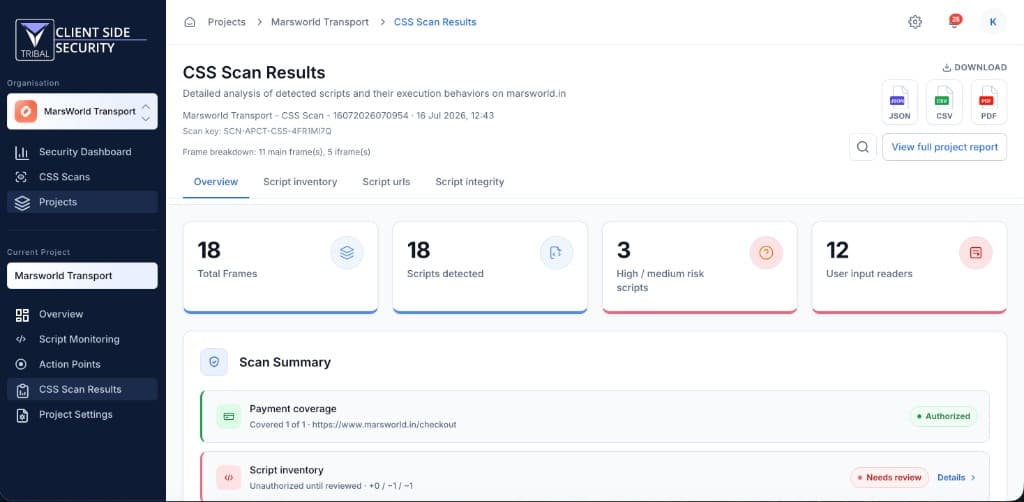 TRIBAL CSS Scan Results overview with frame and script metrics, payment coverage, and script inventory status