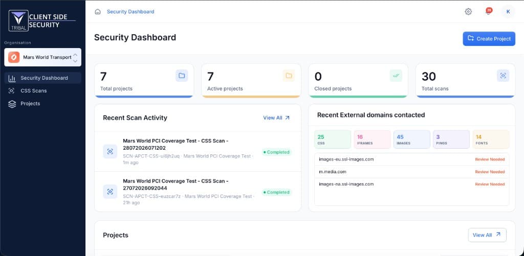 TRIBAL CSS Security Dashboard with project metrics, recent scan activity, and external domains