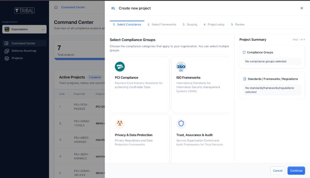 TRIBAL CMT create project wizard for selecting compliance groups and frameworks