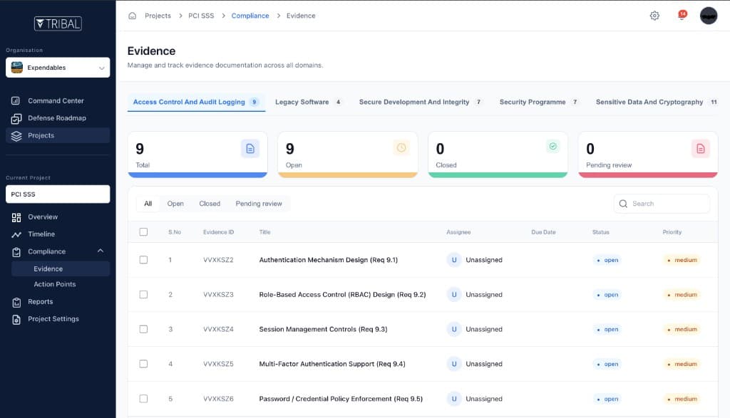 TRIBAL CMT Evidence page with domain tabs and compliance requirement tracking