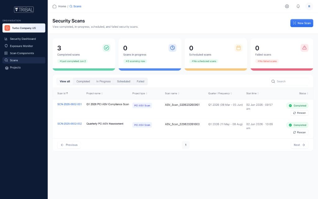 TRIBAL NST Security Scans page with scan status cards and assessment history